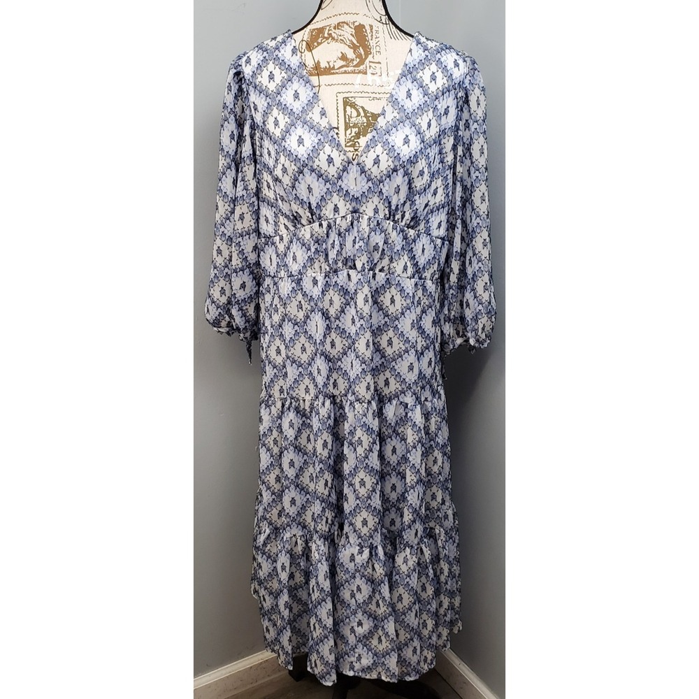Calvin Klein Tiered Maxi Dress Womens 14 Multi Geometric Diamond Print V-Neck